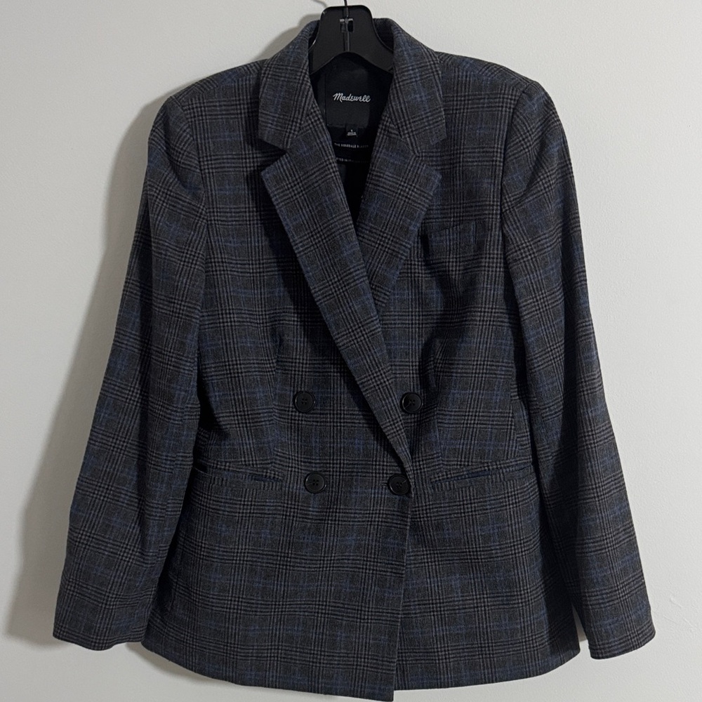 Madewell Charcoal Plaid Double-Breasted Blazer